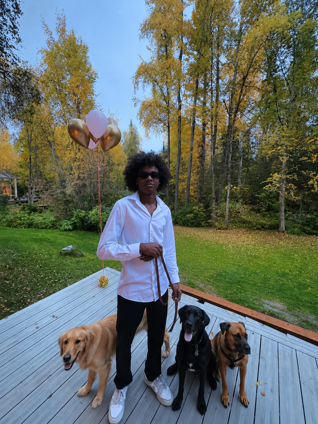 Saleh with three happy dogs on a deck